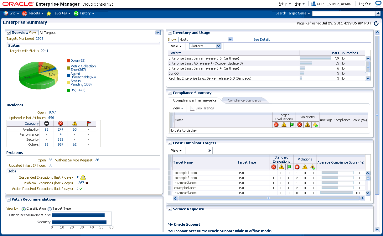 Oracle's main dashboard