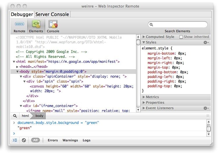 Apache Weinre Debugging Tools