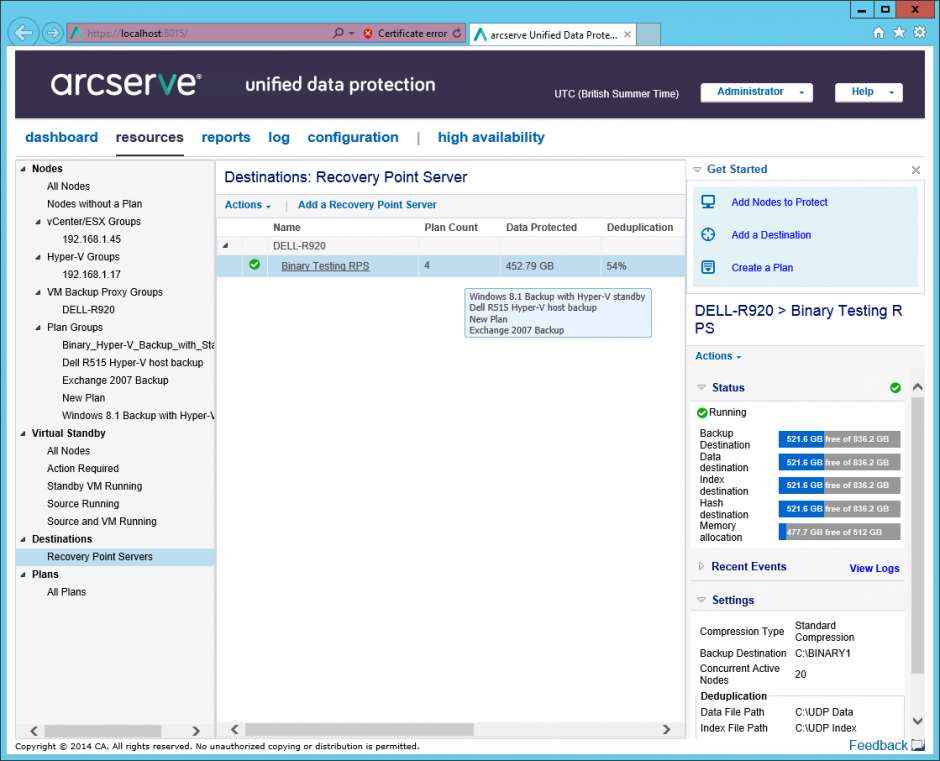 A photo focused on the recovery point server tab of Arcserve Unified Data Protection (UDP).