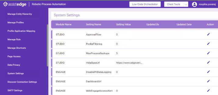 System settings of EdgeVerve Systems AssistEdge robotic process automation software