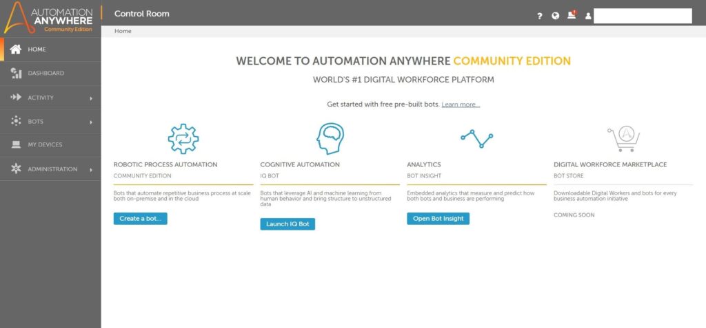 Home page of Automation Anywhere RPA software