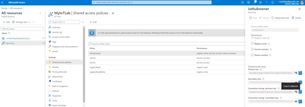 Shared access policies of Microsoft Azure IoT Hub