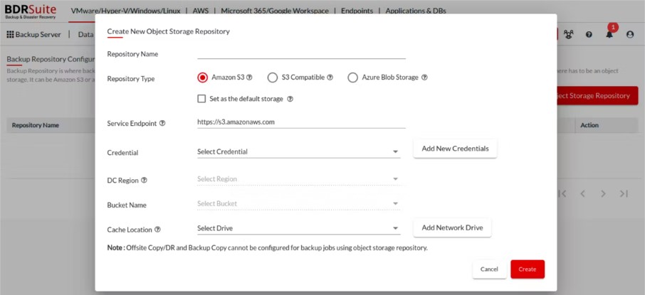 New object storage repository creation process inside BDRSuite server backup software