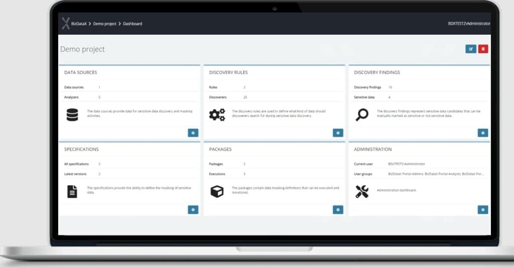 BizDataX data masking tool dashboard sample