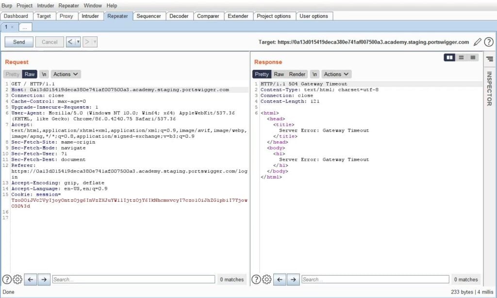 A photo of the repeater tab found in Portswigger Burp Suite.