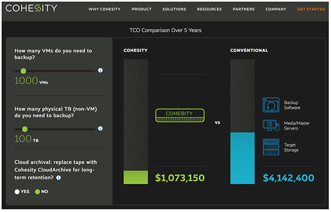 A photo that is focused on one of the features of Cohesity, its TCO calculator.