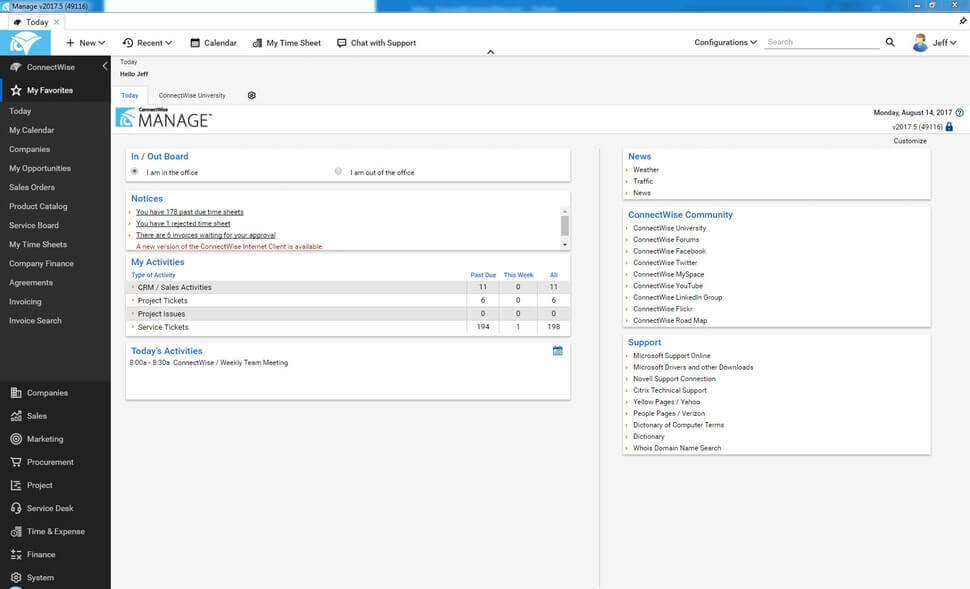 A photo of the tool ConnectWise Manage focused on its main page.