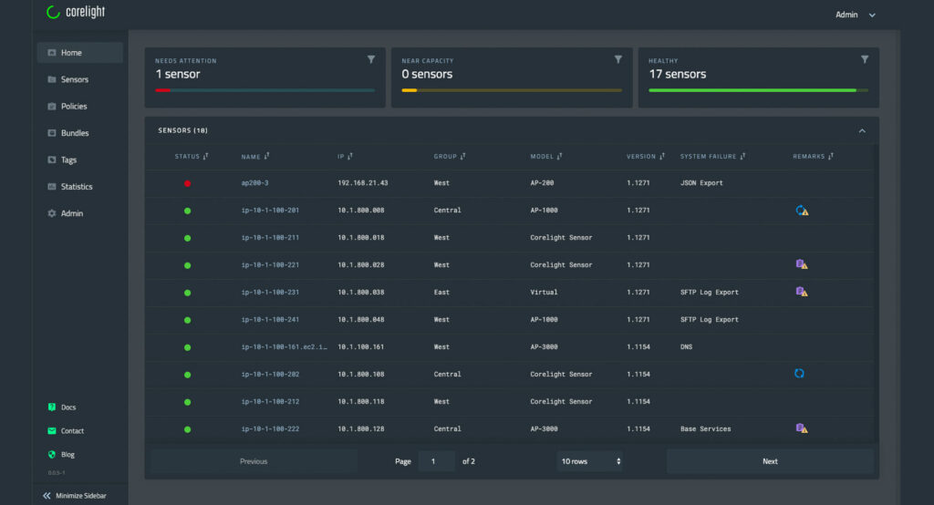 A photo of the home page for the tool Corelight.
