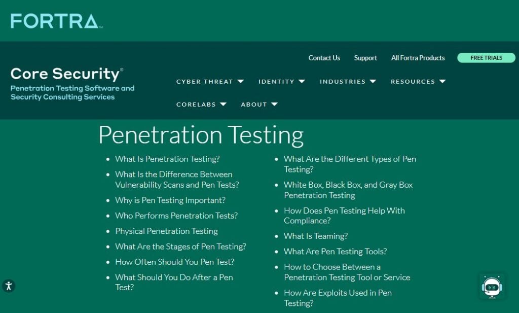 Penetration testing page of Core Security tool