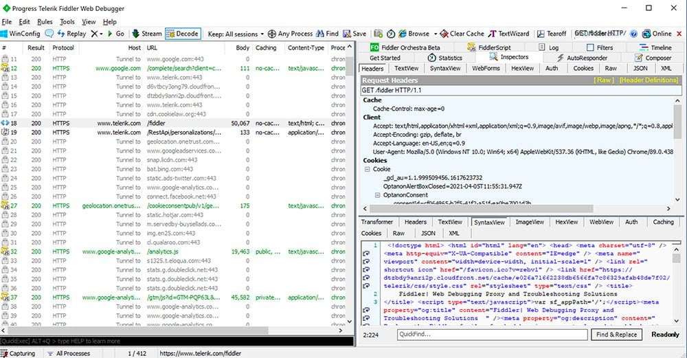 A photo shwocasing the decode feature of Fiddler packet sniffer tool.