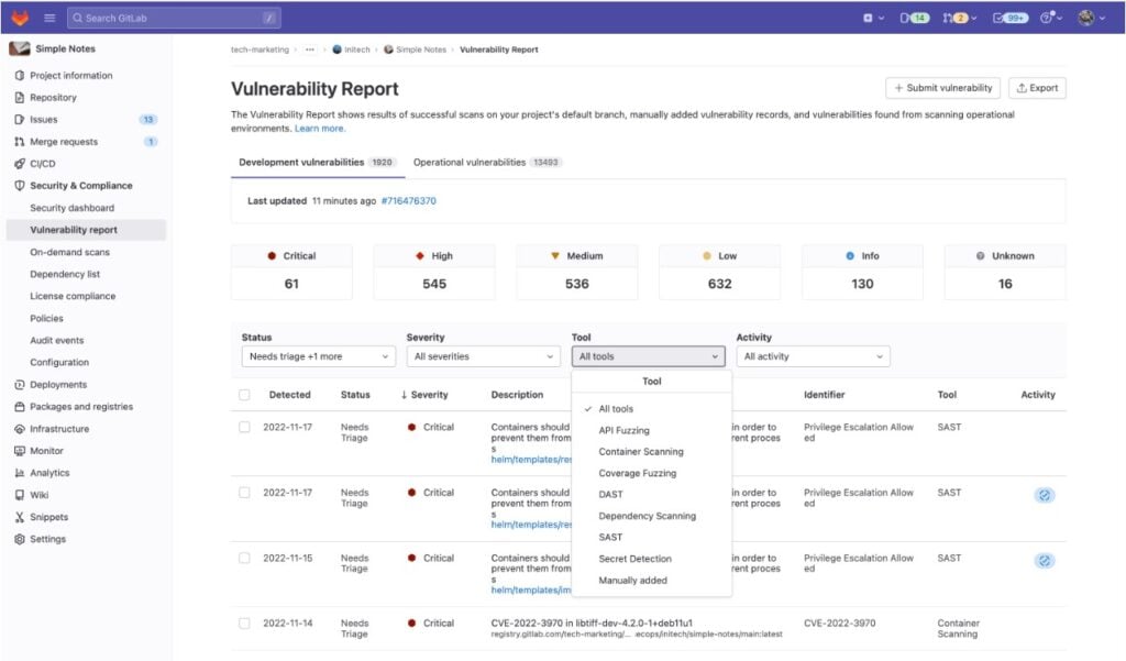 GitLab's vulnerability report dashboard