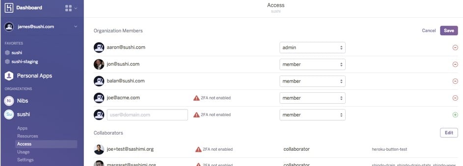 Heroku review showing members and their type of access on the platform