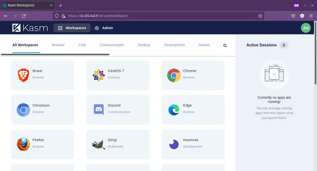 VDI solution Kasm Workspaces' interface