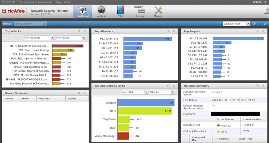 A photo focused on the dashboard of the tool McAfee Virtual Network Security Platform.