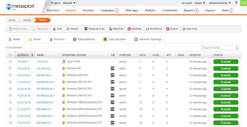 Sample list of hosts which can be easily navigated inside the hosts tab of Metasploit penetration testing tool