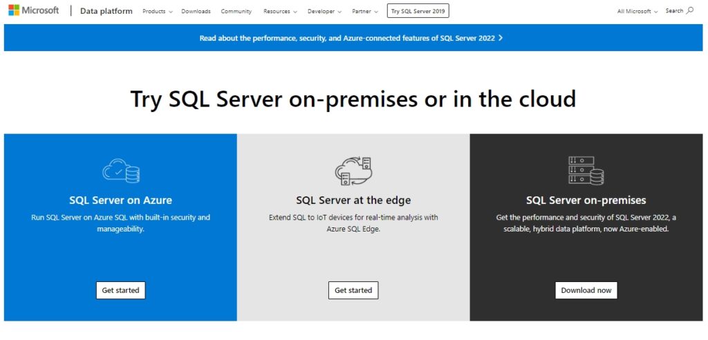 Microsoft SQL Server website screesnhot