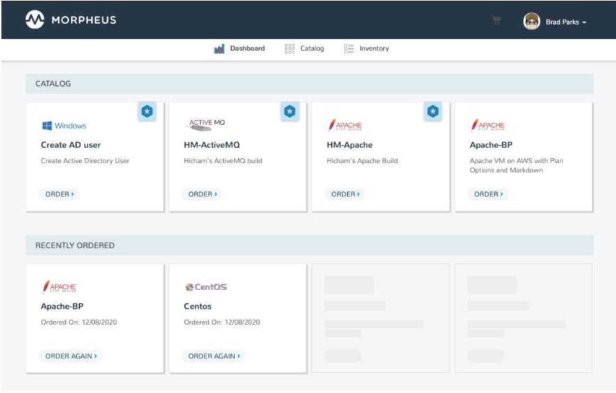 Morpheus hybrid cloud software catalog dashboard
