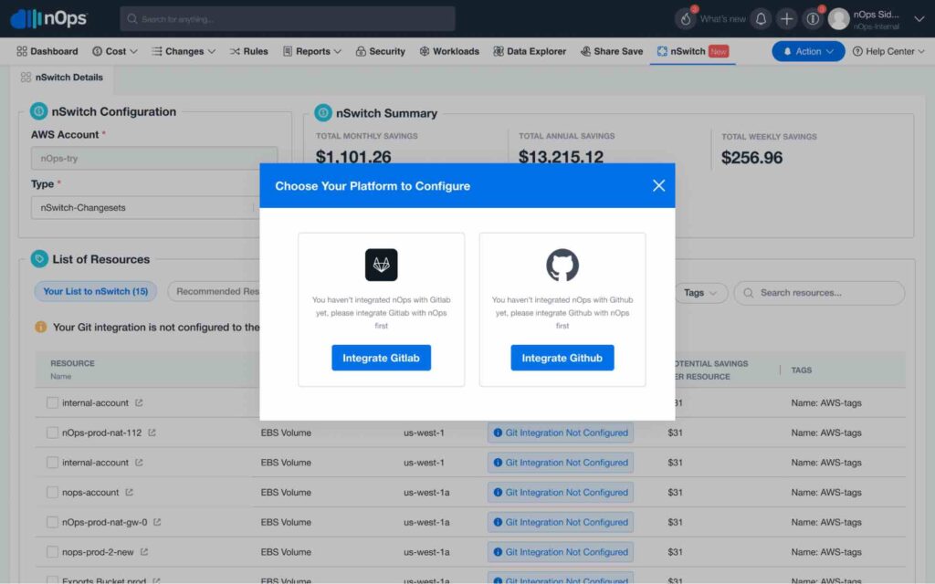 nops software review showing a prompt to choose a platform to configure