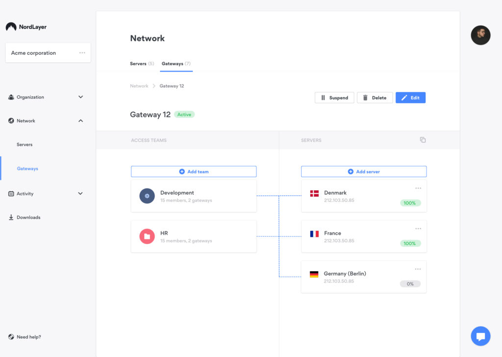 A screenshot of the gateways column found in the network tab of NordLayer.