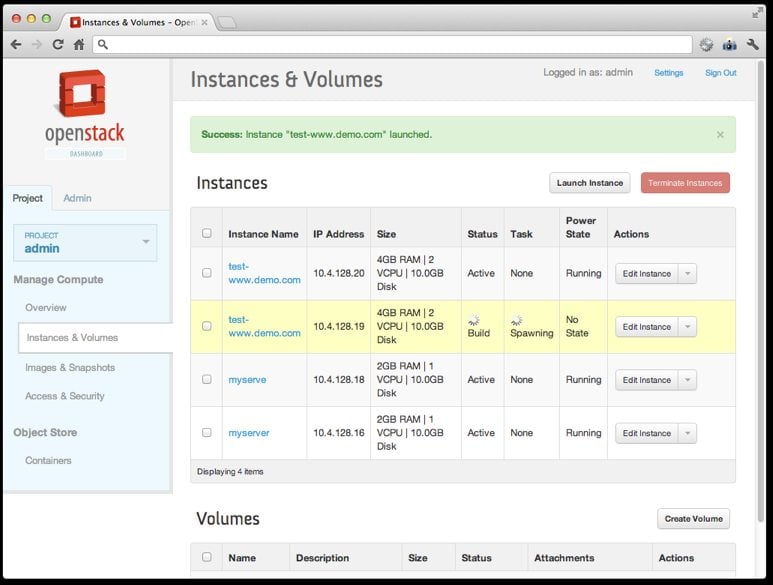 Private cloud provider OpenStack managing multiple compute instances