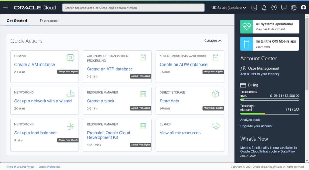 A photo focused on the main page of the tool Oracle Cloud Infrastructure.