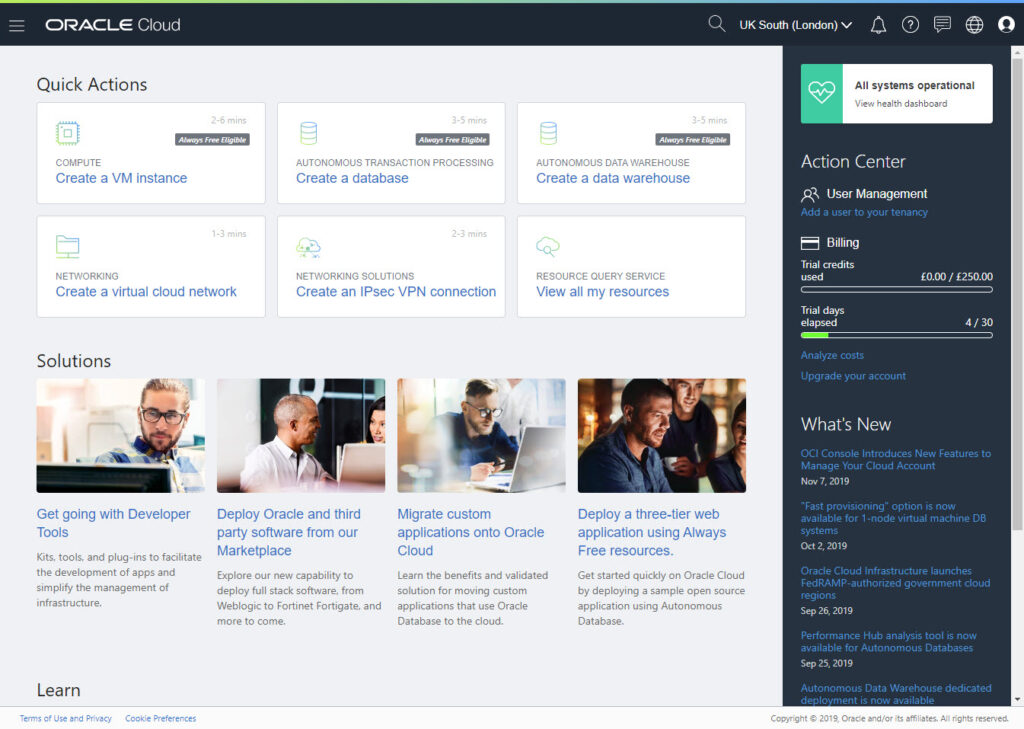 Oracle Cloud Infrastructure (OCI) hybrid cloud software quick action dashboard