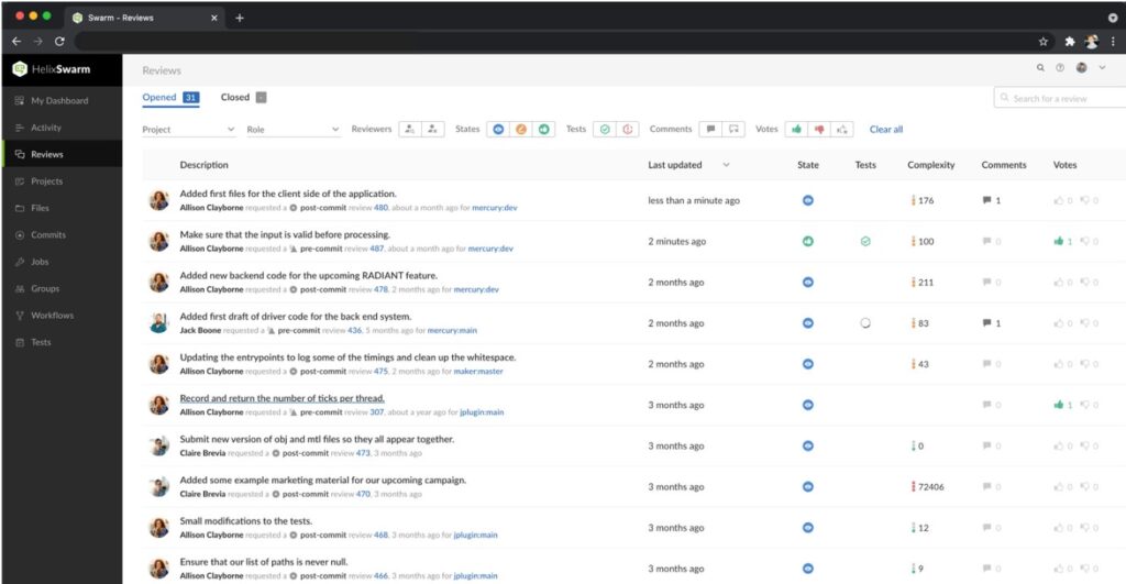 Perforce Helix swarm code review page