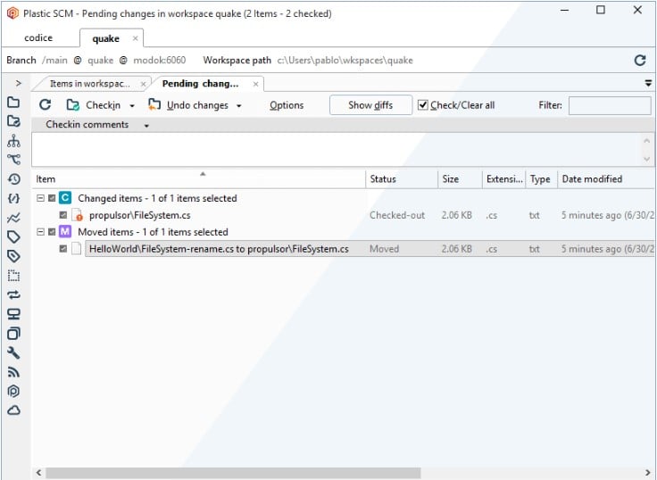 Plastic SCM source code management software workspace view