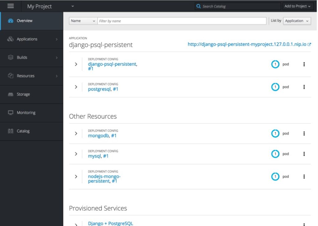 Red Hat OpenShift container management software console overview