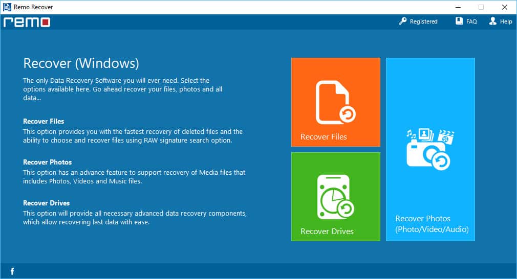 A screenshot focusing on the home page of the data recovery tool Remo.