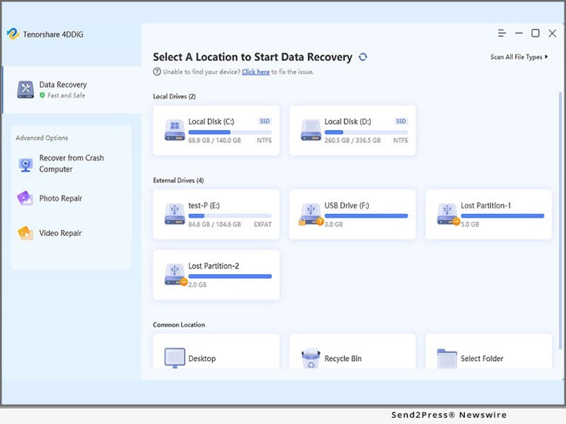 A screenshot highlighting the data recovery tab found in the tool Tenorshare.