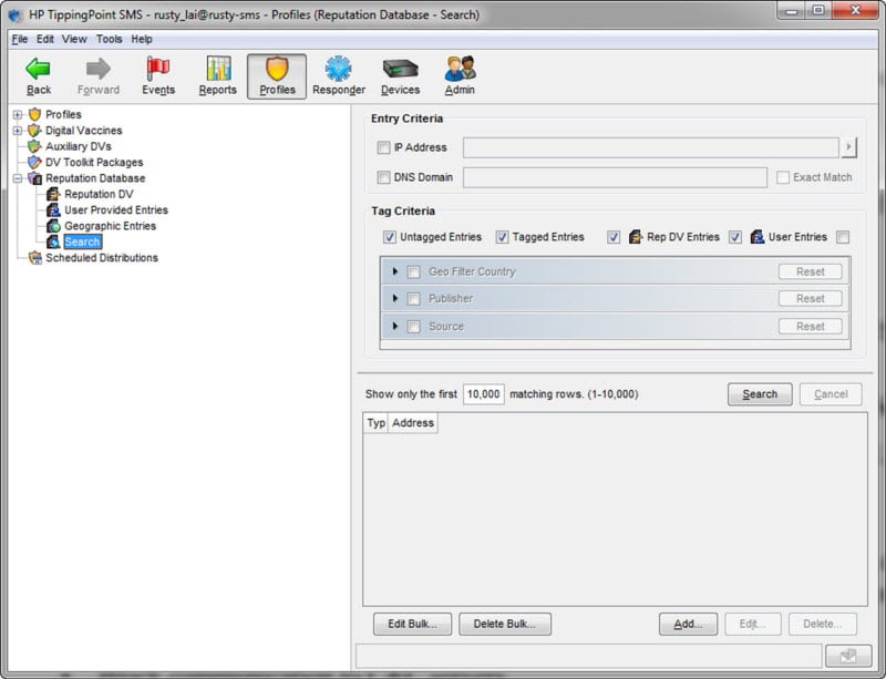 A screenshot of the content inside the search tab of TippingPoint.