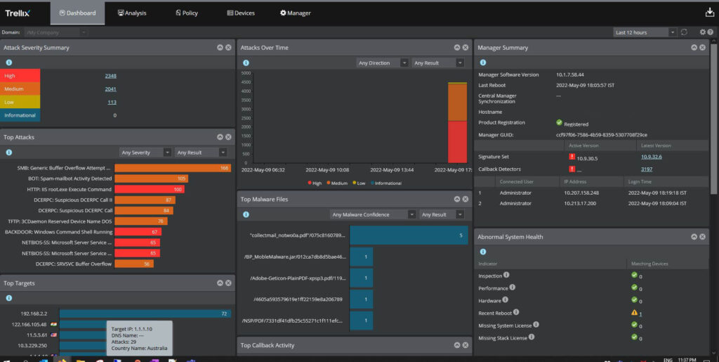 Manager dashboard feature of Trellix Intrusion Prevention System (IPS) intrusion detection and prevention systems