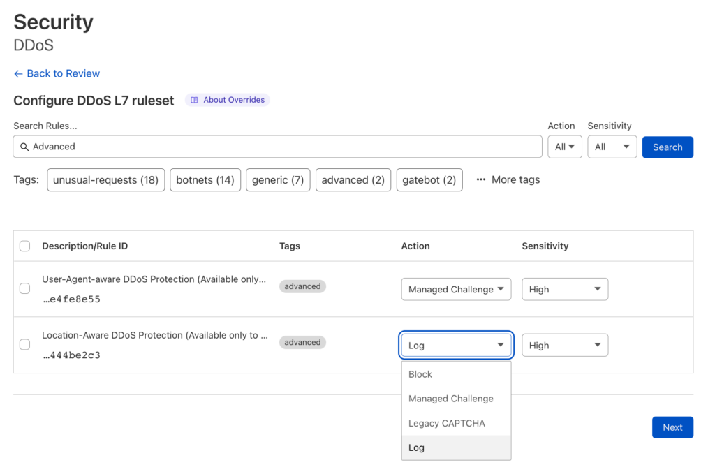 Cloudflare DDoS protection software interface