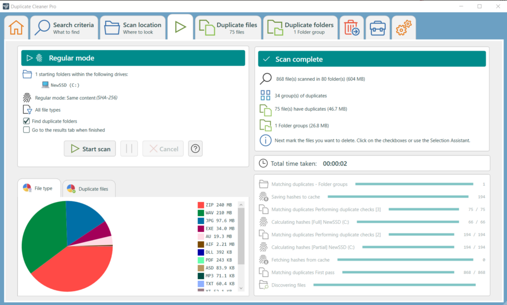 Overview of screenshot of the duplicate scanning in progress view in Duplicate Cleaner