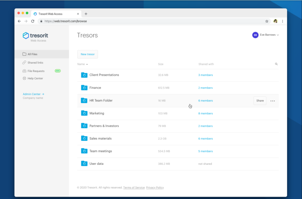Tresorit web access file-sharing capability