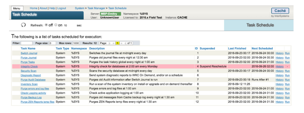 Task manager feature in InterSystems Caché relational database software