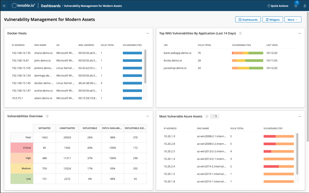 Tenable Vulnerability Management dashboard, which shows vulnerability information for assets residing in your cloud and container environments, and your web applications
