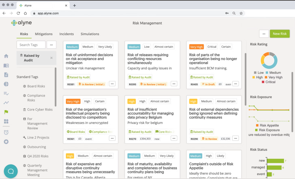 Risk management dashboard of Alyne risk management software