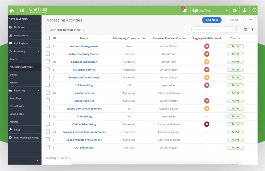 Processing activities page in OneTrust data governance software