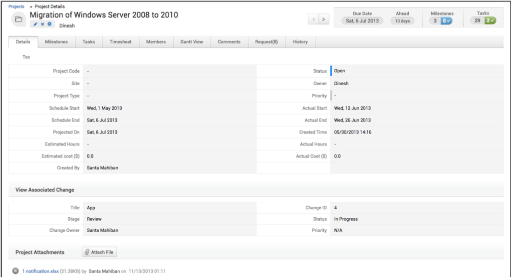 ManageEngine ServiceDesk Plus project management sheet