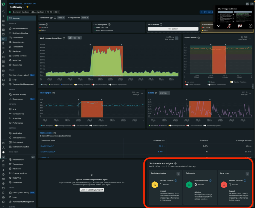 New Relic APM 360's distributed trace insights