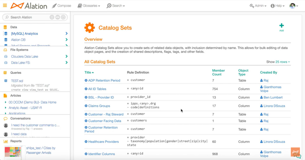 Alation data governance tool interface