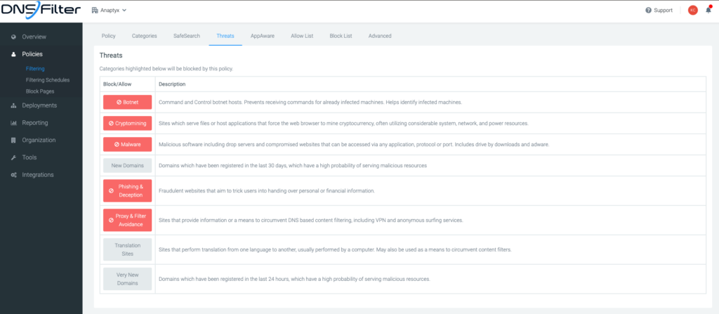 Filtering policy feature in DNSFilter DNS security service interface