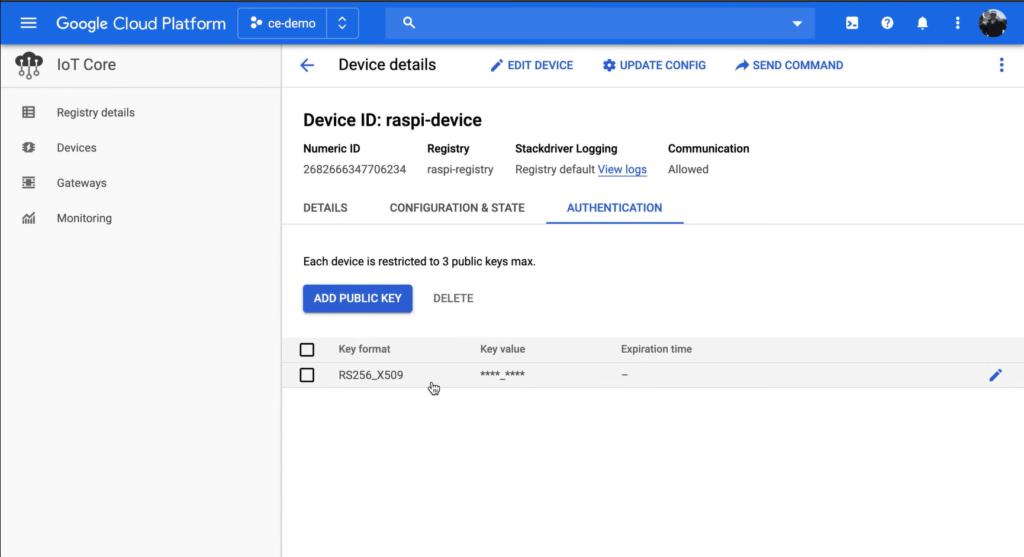 Data ingestion capability of Google Cloud IoT Core