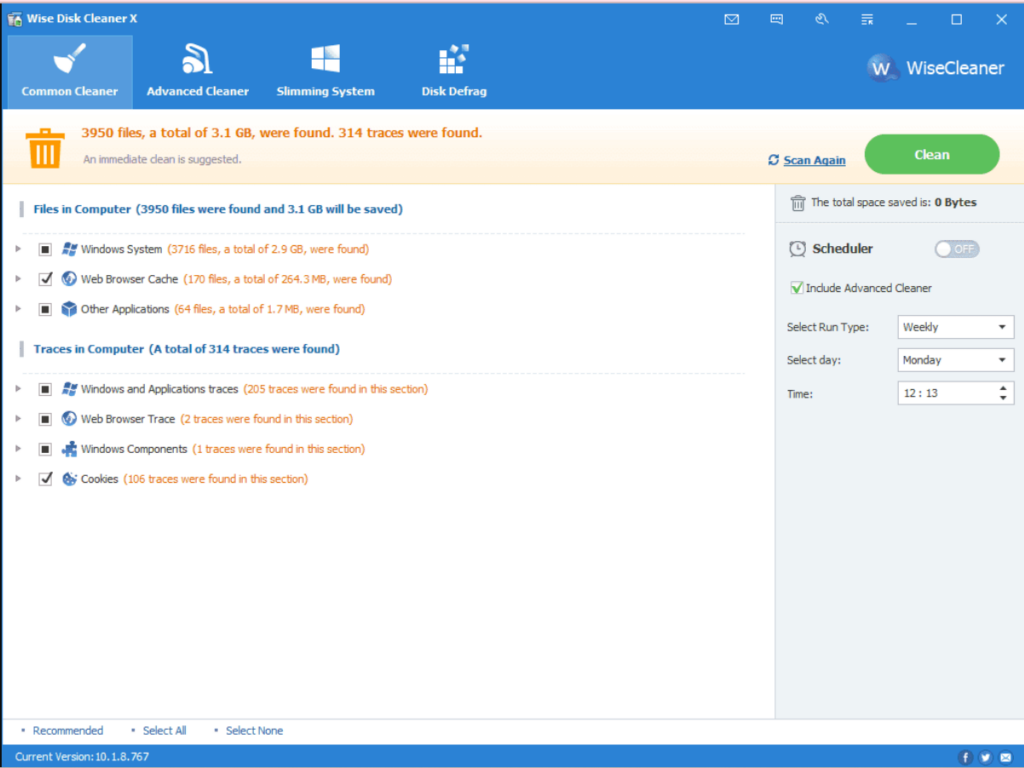 Overview of the common cleaner tab in Wise Disk Cleaner, which cleans the junk files you scanned to free up more disk space.
