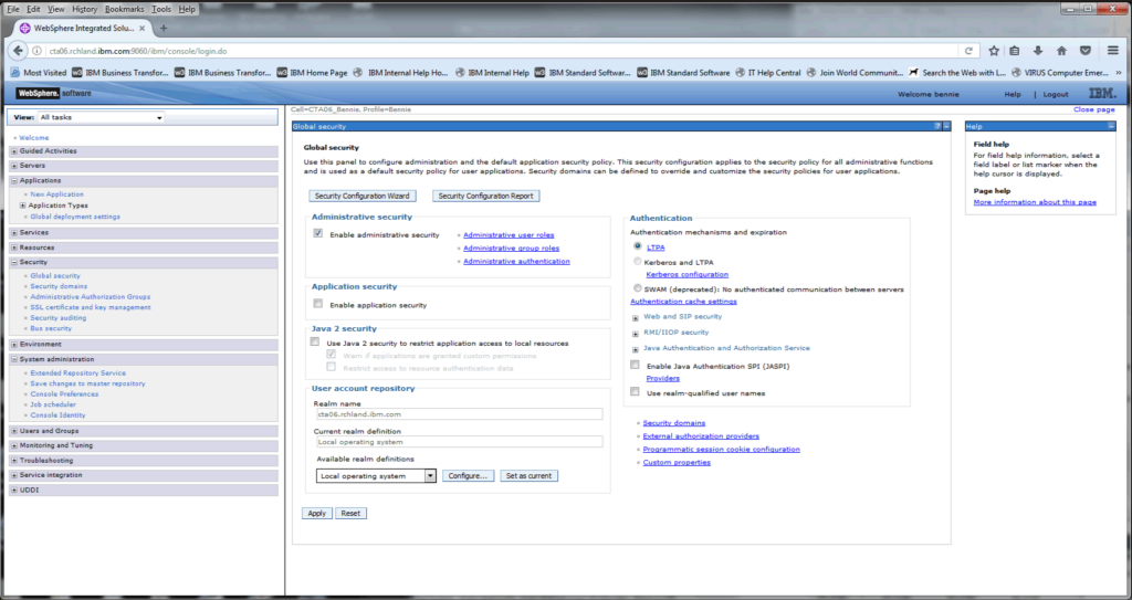 IBM WebSphere application server software interface