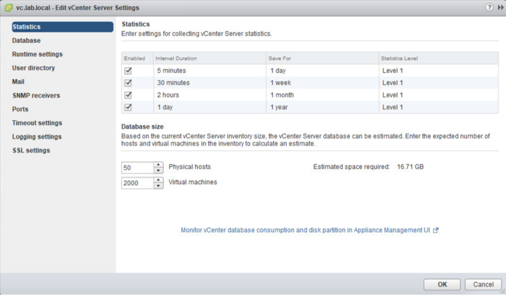 VMware vCenter server's settings statistics of database consumption