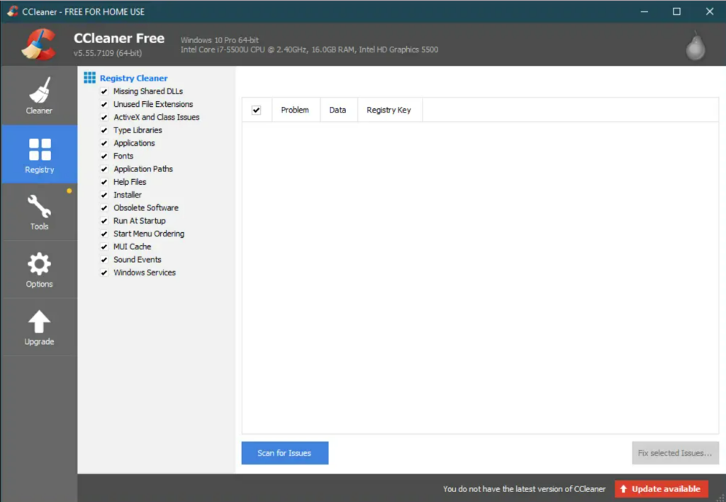 Overview of the system registry section of CCleaner, which enables you to remove leftover registry entries of the removed software.