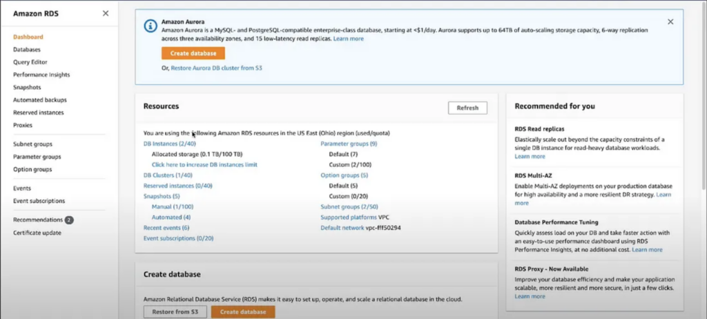 Amazon Relational Database Service (RDS) console screenshot